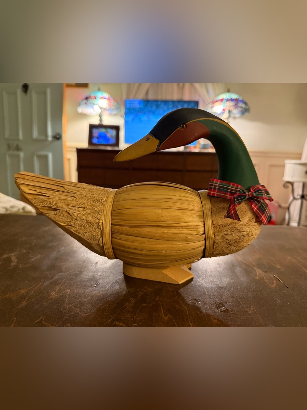 Vintage Russ Berrie & Co 12” Duck cottage core Wood Head Straw Husk  perfect